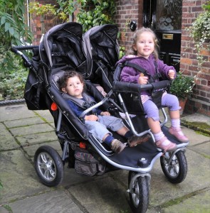 T3 triple pushchair with babies